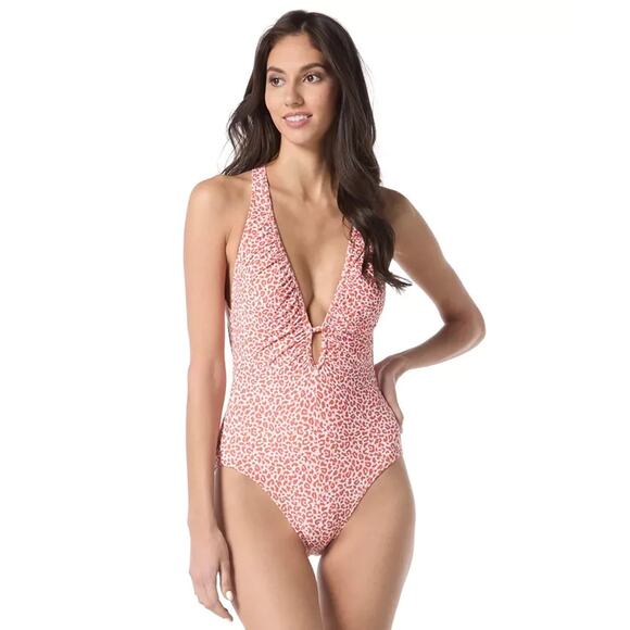 Vince Camuto Women's Leopard-Print Plunge One-Piece Swimsuit Pink, Size 6 0523 - Picture 1 of 2